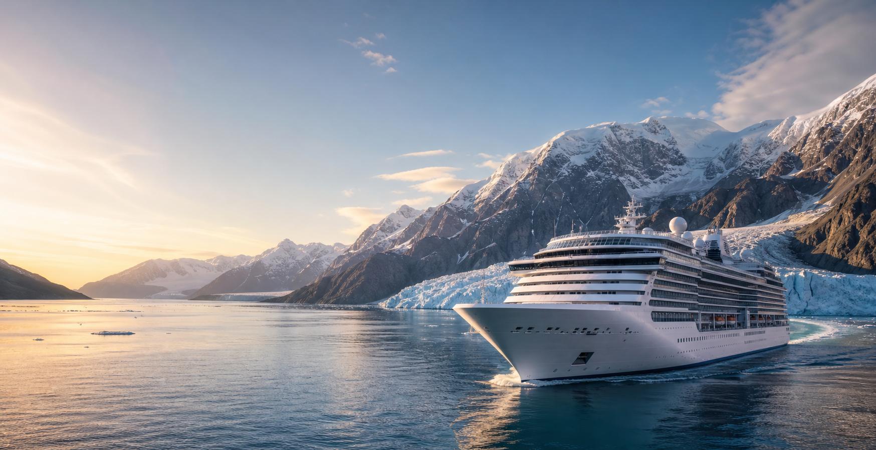Cruise ship sailing through scenic blue water